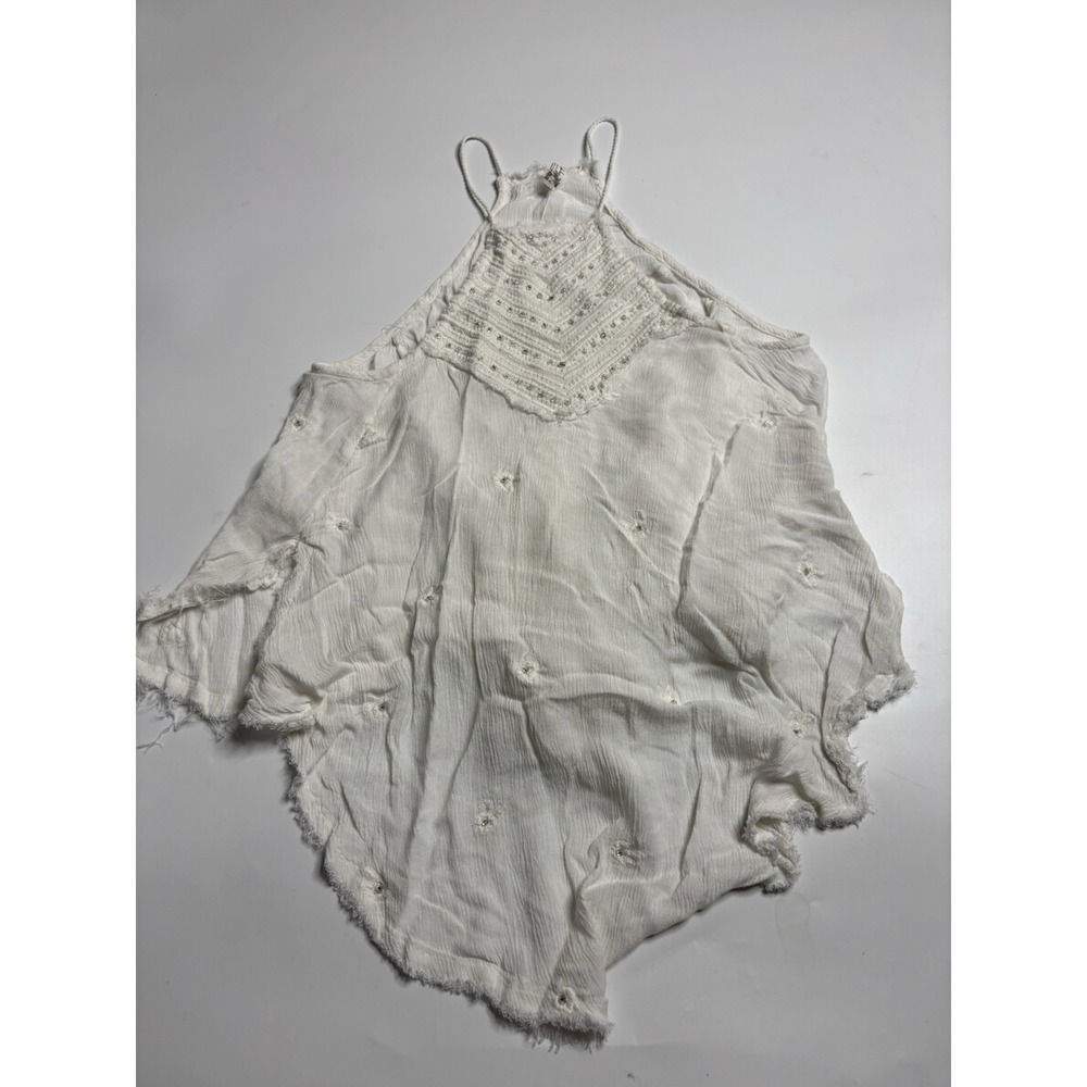 Free People Intimately White Gauze Beaded Halter Top Boho Embroidered XS Fairy